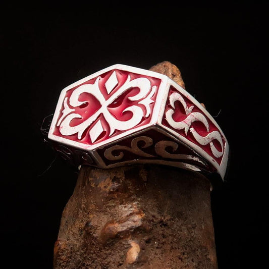 Excellent crafted Men's Medieval Ring red Oriental Crest Sterling