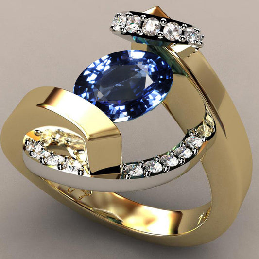 Bague bicolore pour femme en plaqué or 18 carats avec saphir naturel