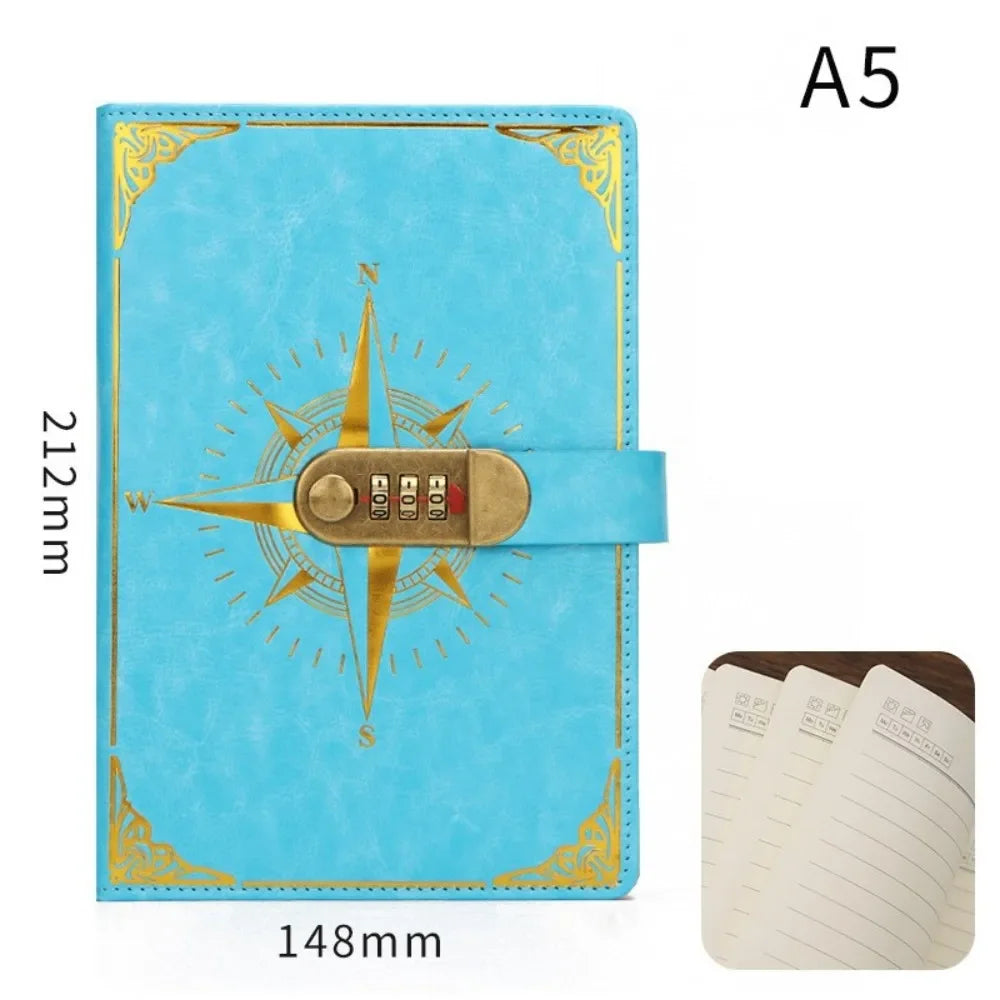 Carnet A5 Rétro Sécurisé avec Serrure – Journal Intime, Bloc-Notes Créatif et Boussole de Voyage