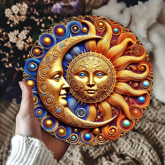 Panneau métallique rond en étain, soleil et lune rustique, décoration d'intérieur Durable et résistante aux intempéries pour maman et femme, 1 pièce