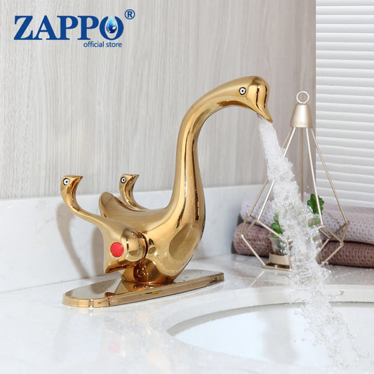 Robinet de salle de bains ZAPPO à deux poignées, design cygne-canard, montage sur pont, finition dauphin gemme