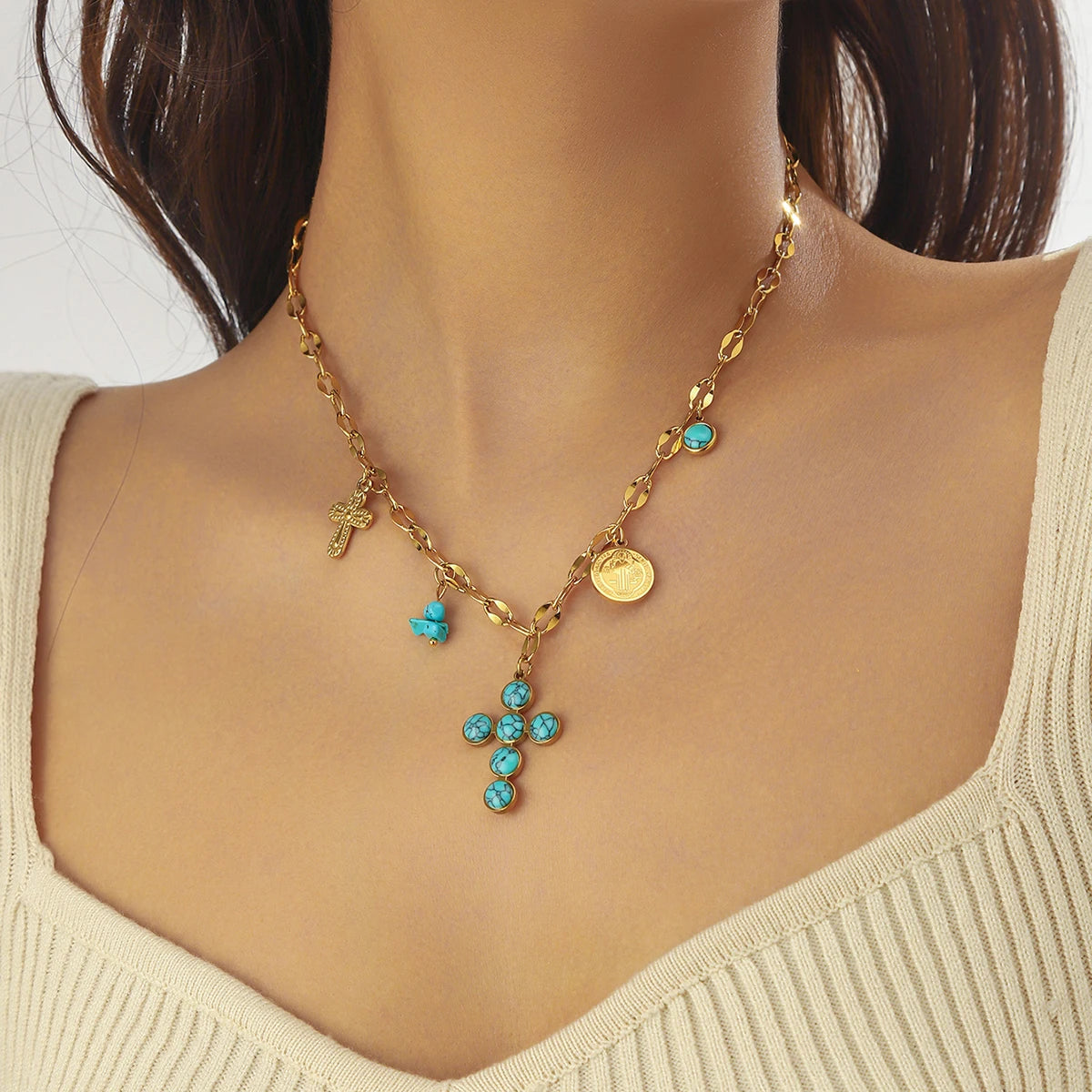 DIEYURO 316L acier inoxydable rond Turquoise incrusté croix pendentif collier pour femmes fille nouvelle mode cou chaîne bijoux cadeau