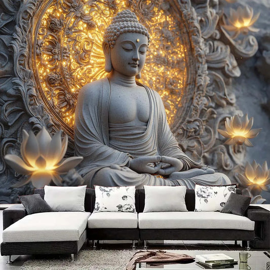 Statue de bouddha spirituel géante et tapisserie de Lotus suspendue au mur, tissu en Polyester Beige clair pêche pour salon, chambre à coucher, 1 pièce