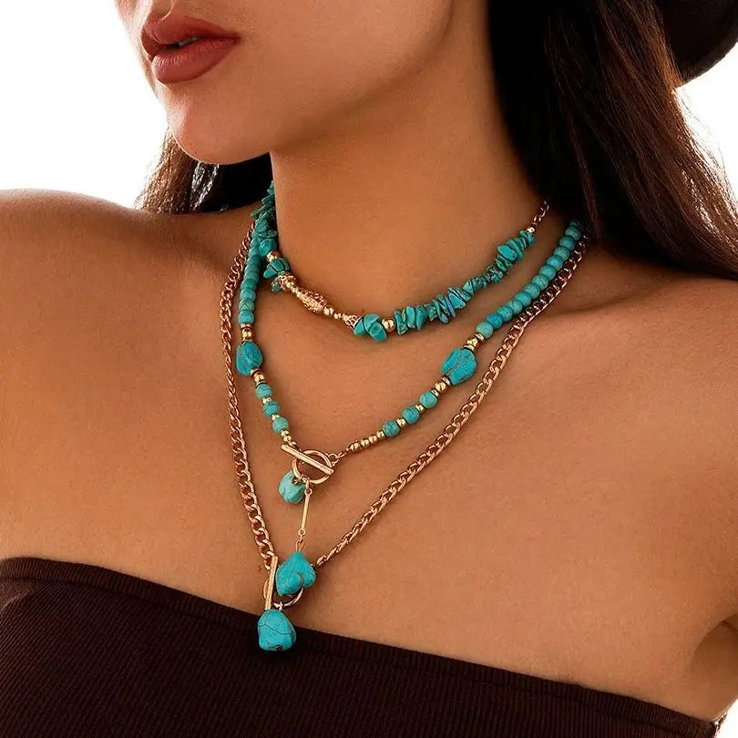 KunJoe-Collier Ras du Cou en Pierre Naturelle Bleue Vintage pour Femme, Pendentif Bohème Géométrique, Bijoux à Col en Forme de Cheminée, 3 Pièces