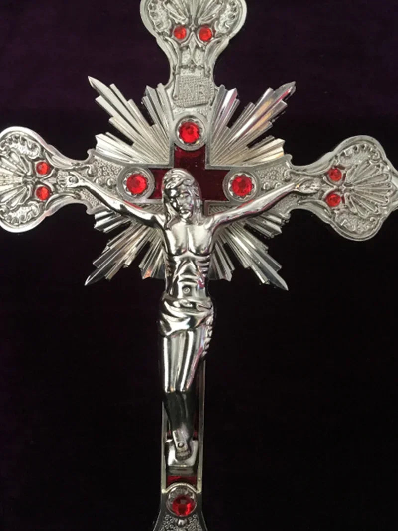 Figurines de reliques d'église, Crucifix de jésus-Christ sur le support, croix murale, autel religieux Antique, décoration de chapelle de maison, 4 couleurs