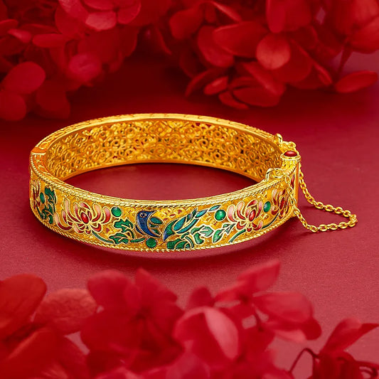 Bracelet en or 24K AU999 avec émail bleu et filigrane, méthode ancienne creux, style palais luxueux pour femmes