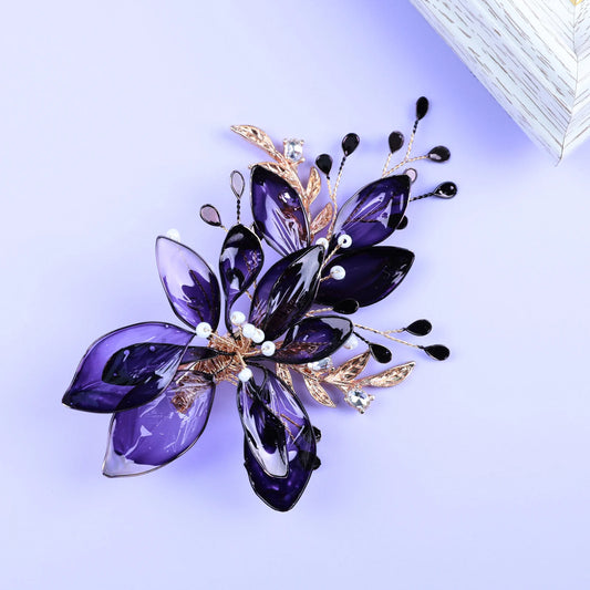 Épingles à cheveux à fleurs violettes, pétales acryliques faits à la main, couvre-chef floraux, pinces à cheveux perlées, bijoux de cheveux élégants pour femmes, mariée, mariage