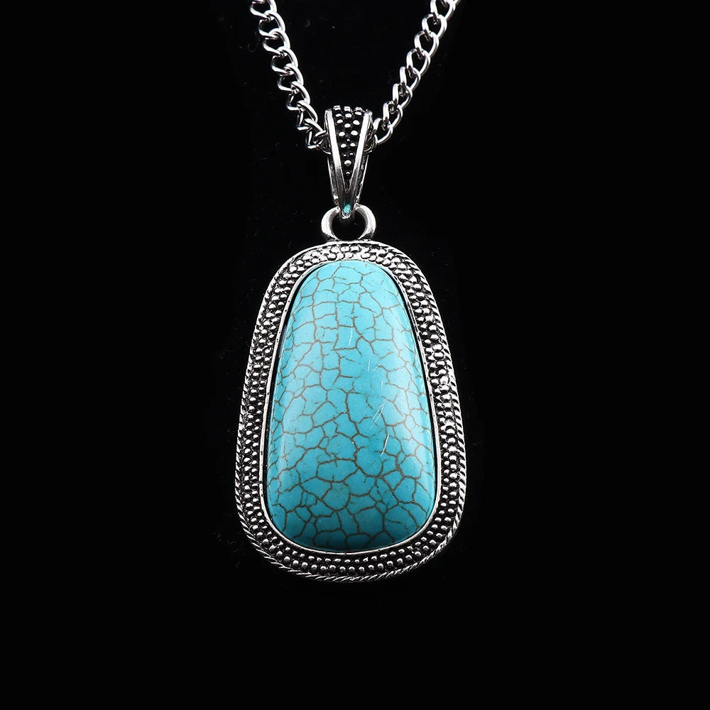 JOLagenlook-Collier avec pendentif à barre rectangulaire turquoise, bohème occidental, cowgirl, longueur réglable, bijoux longs, tour de cou à maillons, 20"