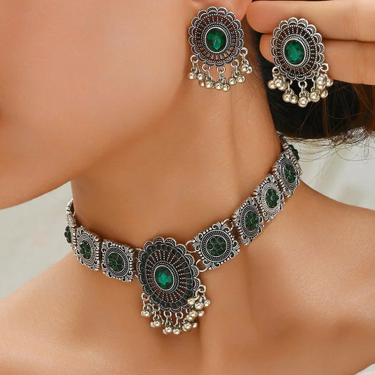 Ensemble de bijoux africains : Collier, boucles d'oreilles en cristal de Dubaï - Style vintage