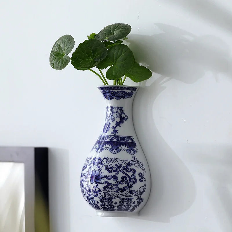 Vase en céramique, récipient de fleurs en porcelaine bleue et blanche antique, bambou porte-bonheur, décoration de salon et de maison, tenture murale