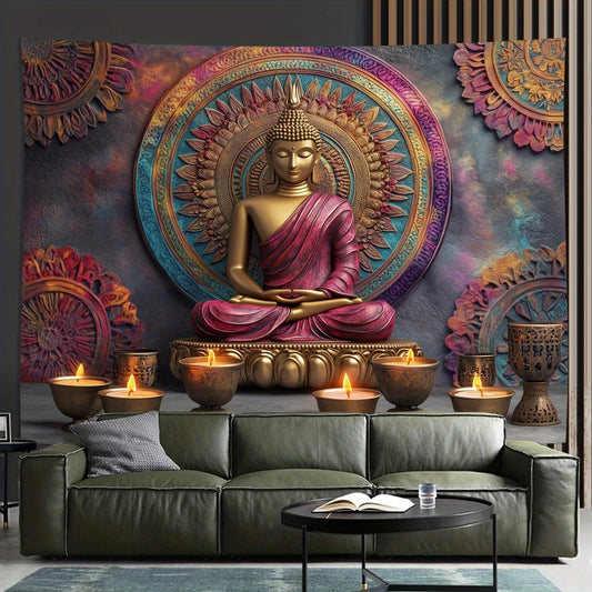 Tapisserie de bouddha 3D, décoration murale élégante en polyester pour salon, chambre à coucher, bureau, idéale pour la maison et l'ambiance de fête