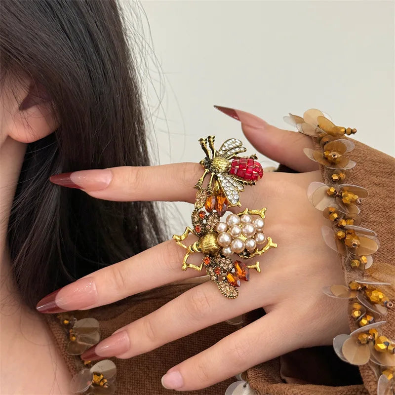 Bague Vintage en perles de cristal abeille, ouverte et réglable, pour femmes et filles, bagues d'insectes uniques, bijoux de fête, accessoire populaire