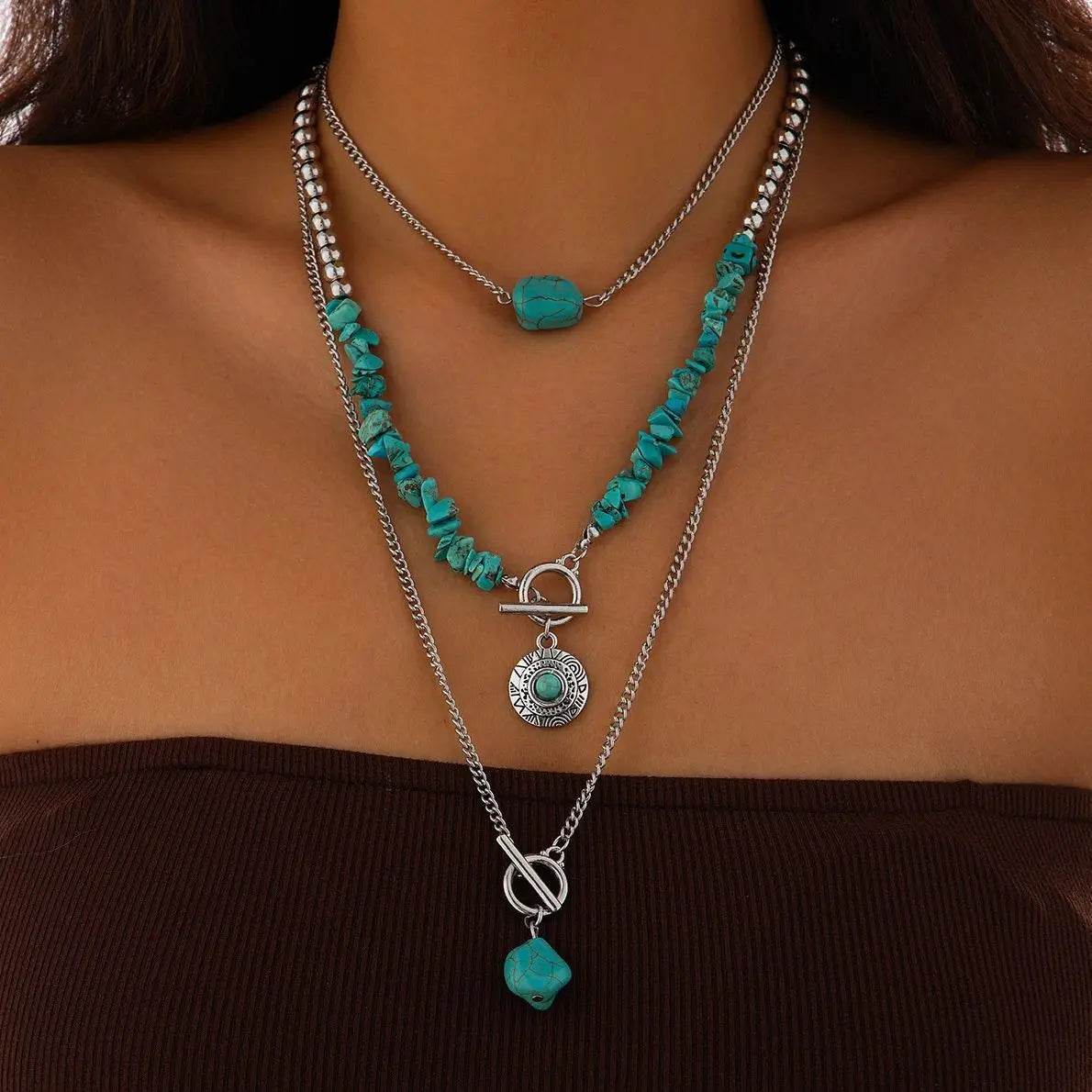 KunJoe-Collier Ras du Cou en Pierre Naturelle Bleue Vintage pour Femme, Pendentif Bohème Géométrique, Bijoux à Col en Forme de Cheminée, 3 Pièces