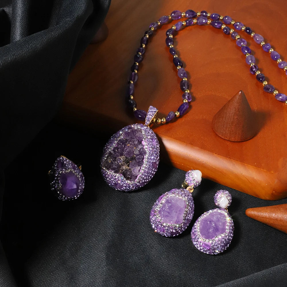 Ensemble de collier et boucles d'oreilles en améthyste naturelle et Zircon, bijoux de luxe de Style coréen pour femmes et filles, cadeau GS0198