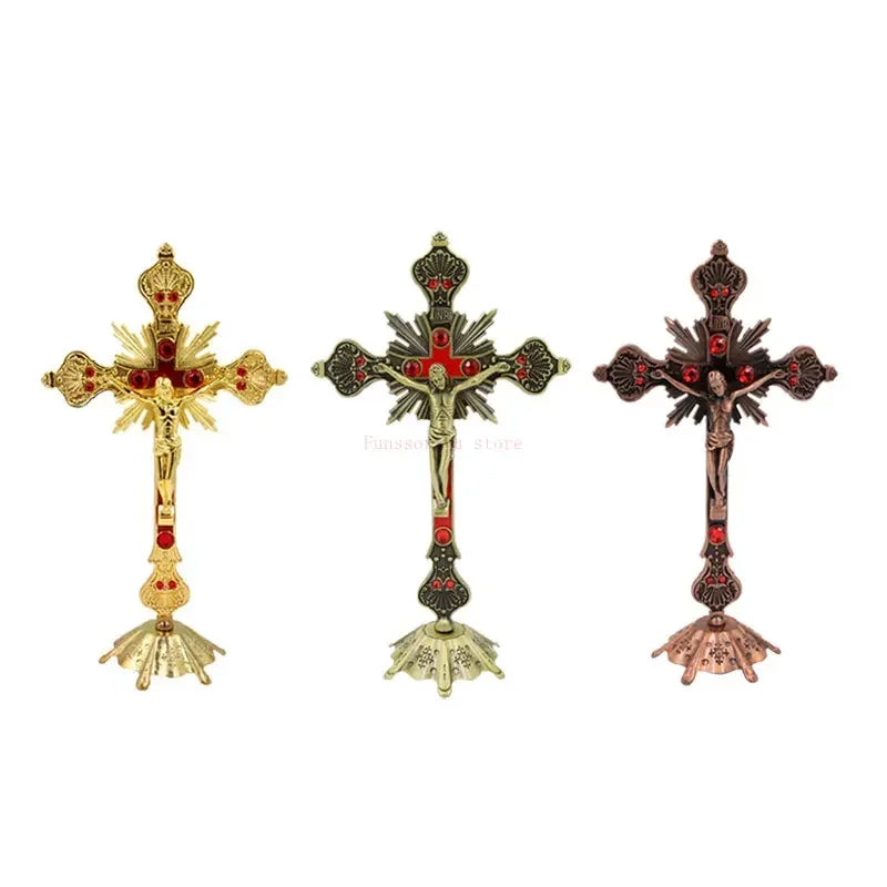 Figurines de reliques d'église, Crucifix de jésus-Christ sur le support, croix murale, autel religieux Antique, décoration de chapelle de maison, 4 couleurs
