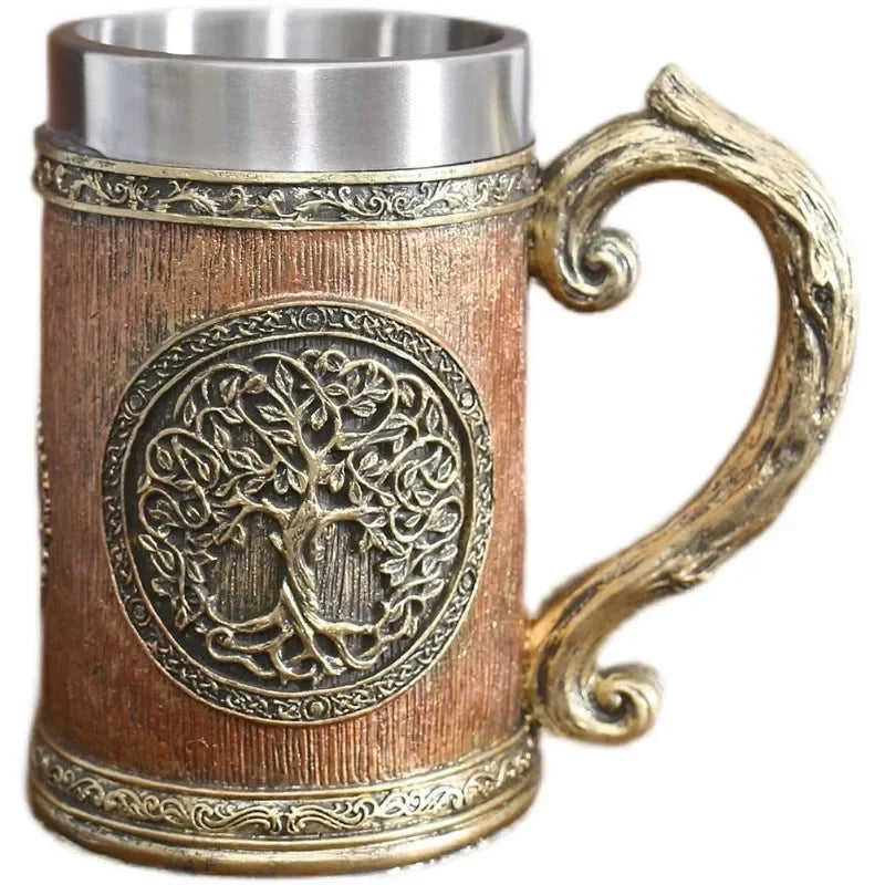 Tasses à bière Norse Myenson, arbre du monde, viking, kokor, baril de chêne, chope en résine, acier inoxydable, tasse à eau, tasse à café, 600ml