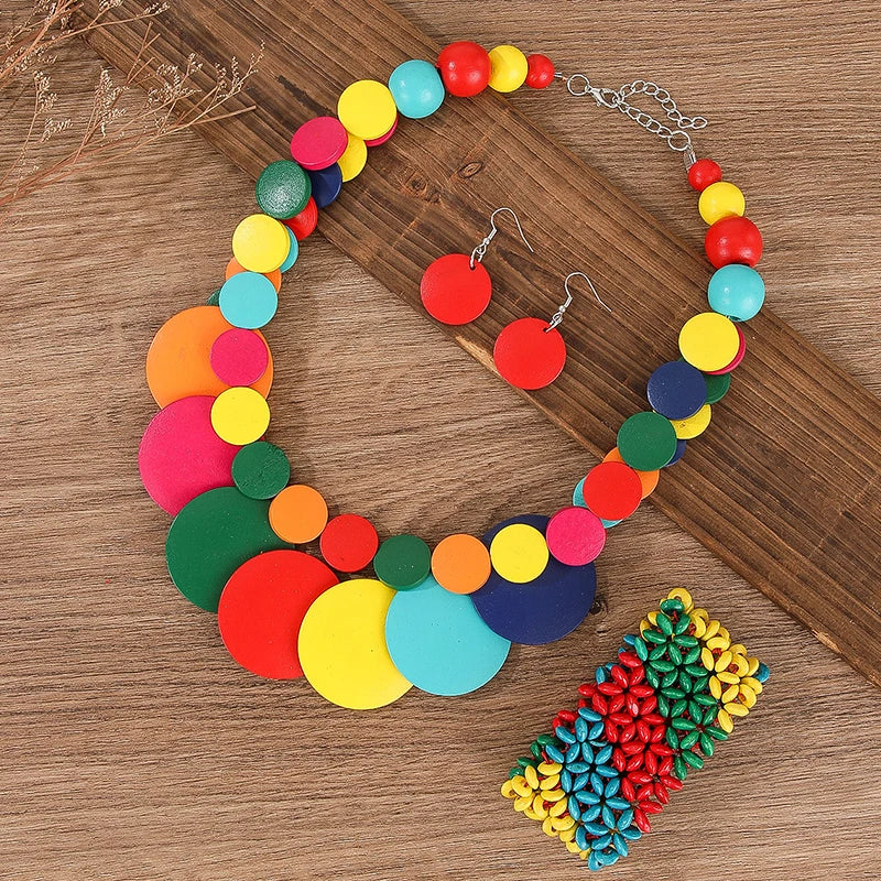 Grand ensemble de bijoux ronds en bois colorés à deux couches, pour fête de mariage africaine, perles en bois, collier, boucles d'oreilles, Bracelets, cadeaux pour femmes