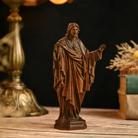 Sculpture Vintage en bois massif, artisanat, Statue sacré de jésus, ornements, décor de bureau, Figurines transfrontalières