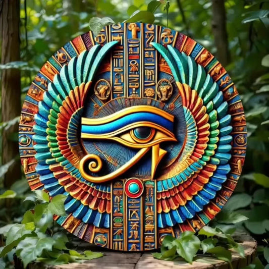 Décor en fer blanc EgyptianElegance Horus Eye : Exquisitement peint à la main avec gravure sur papier, doté de trous pré-percés pour accrocher.