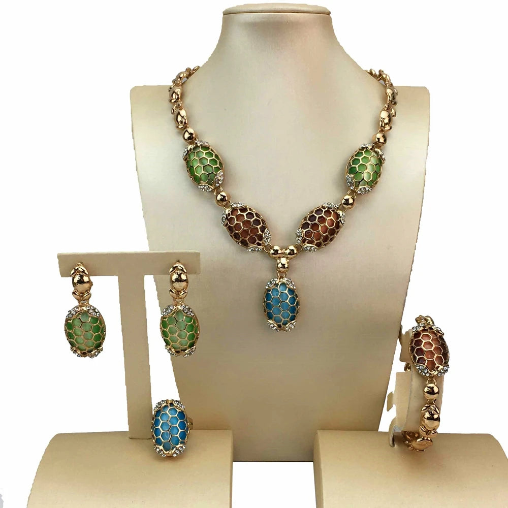 Ensemble de bijoux tendance pour femmes, perles plaquées or, collier, boucles d'oreilles, Bracelet, bagues, cadeaux d'anniversaire pour filles, FHK17030