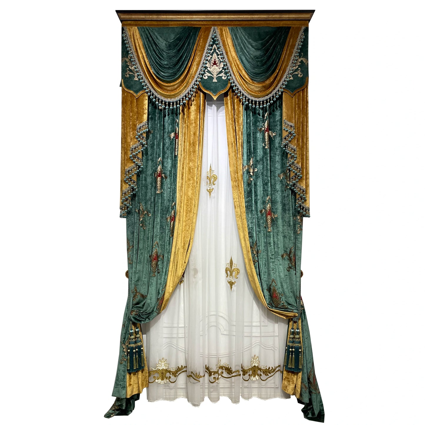 Rideaux Vintage en velours brodé vert foncé, Patchwork doré, pour salon, chambre à coucher, balcon, Villa, cantonnière personnalisée
