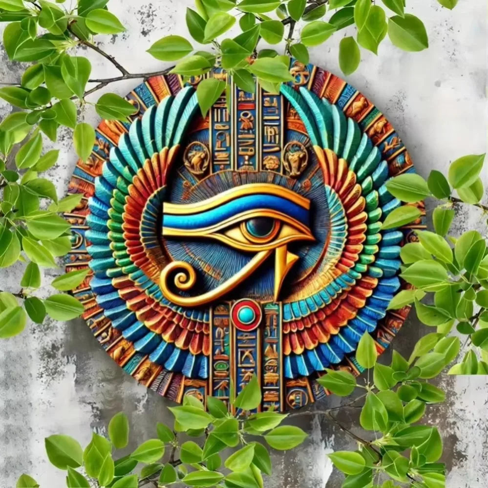 Décor en fer blanc EgyptianElegance Horus Eye : Exquisitement peint à la main avec gravure sur papier, doté de trous pré-percés pour accrocher.