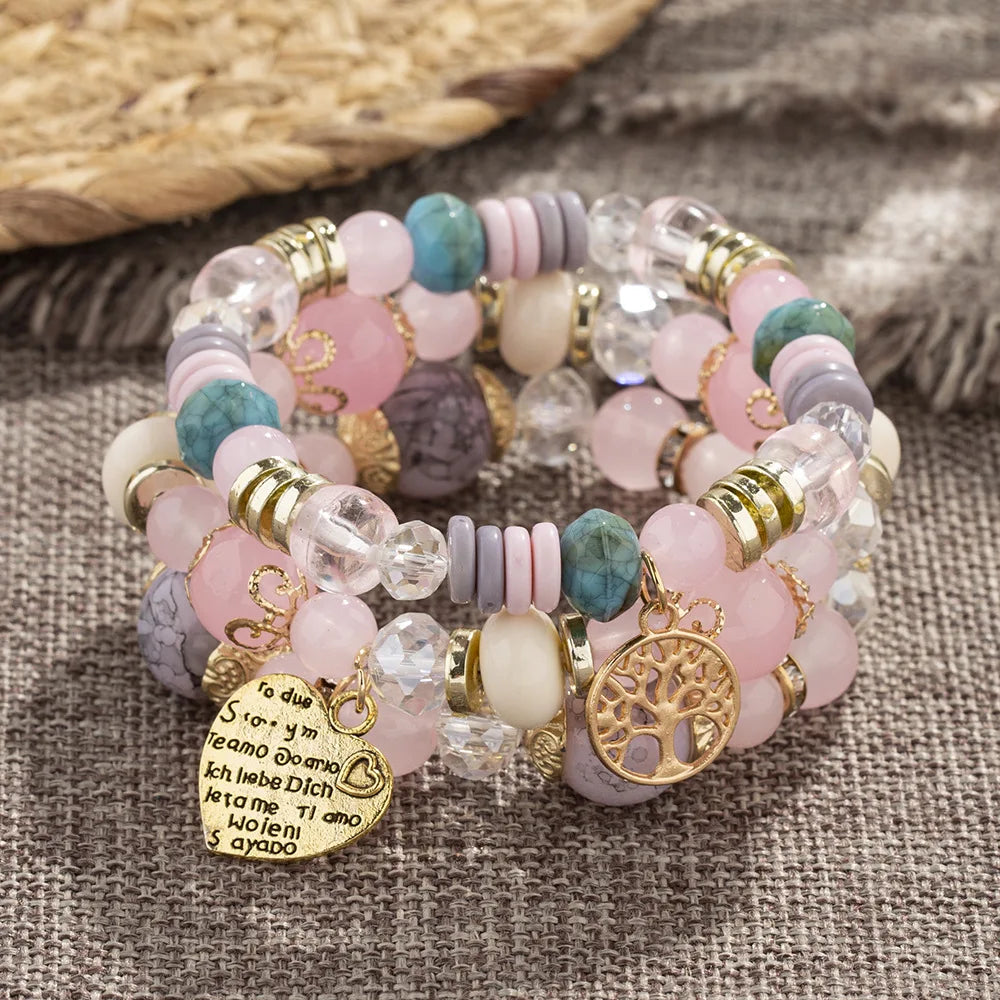 DIEZI bohème rose perles de cristal coeur bracelets porte-bonheur femmes filles ethnique arbre de vie breloque Bracelet Pulseira Feminina