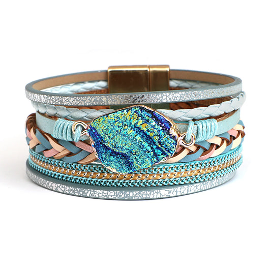 ALLYES Boho Bracelet en cuir de pierre colorée pour femmes hommes bijoux Vintage breloques multicouche tressé large Bracelets d'enveloppement Bracelets