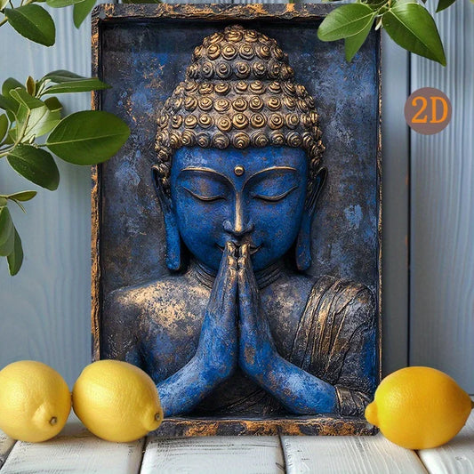 Statue de Bouddha bleu avec mains pliées dans la prière, panneau en aluminium vintage pour décoration de yacht, salon, salle de sport - 1 pièce 8 x 12 pouces