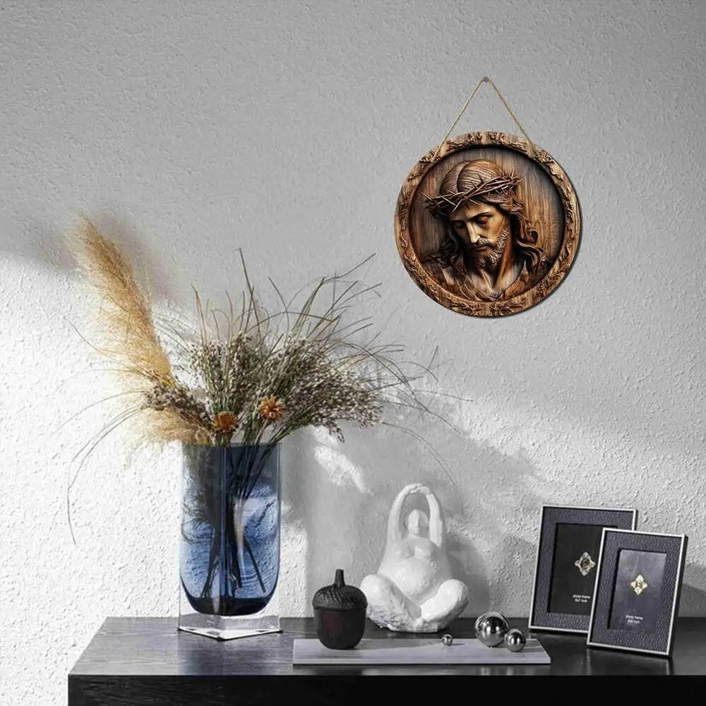Panneau de jésus religieux rétro, plat 2D peut être directement accroché avec une corde, panneau mural de noël rond rustique en bois, adapté à la maison