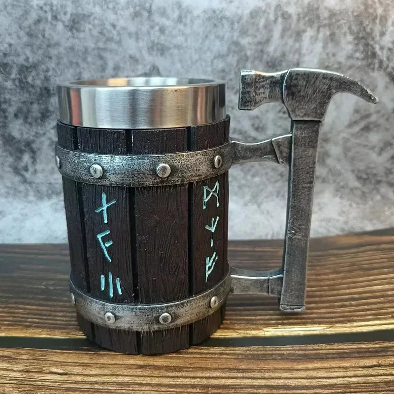 Tasse à café viking vintage avec doublure en acier inoxydable, grande capacité, baril de chêne, chope à bière, tasse à thé, pub, bar, cadeau de fête