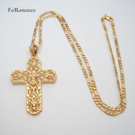 Collier  en laiton plaqué jaune 24" – pendentifs, Jésus, Croix creux à surface lisse, cadeau d’exception