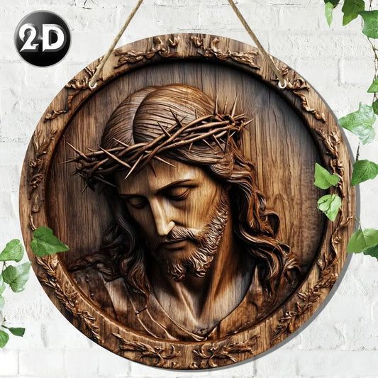 Panneau de jésus religieux rétro, plat 2D peut être directement accroché avec une corde, panneau mural de noël rond rustique en bois, adapté à la maison