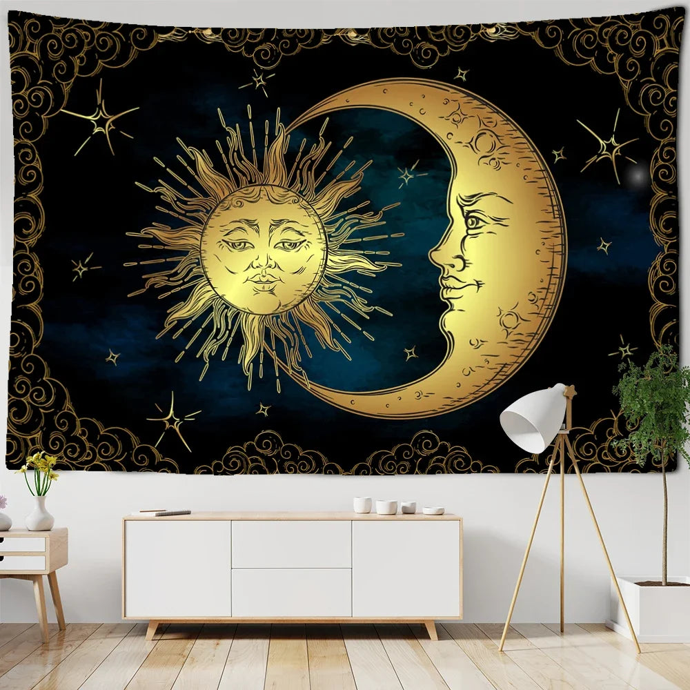 Grande Tapisserie de Soleil et Lune, Mandala, Tarot, Sorcière, Mur, Face Céleste, Hiphélicoptère, Tapis Mural, Décor de Dortoir