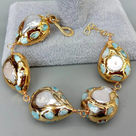YYGEM – Bracelet portefeuille plaqué or, pièce de monnaie blanche naturelle, perle d'eau douce, 22x28mm, puces larimar bleues, goutte d'eau, 9 pouces
