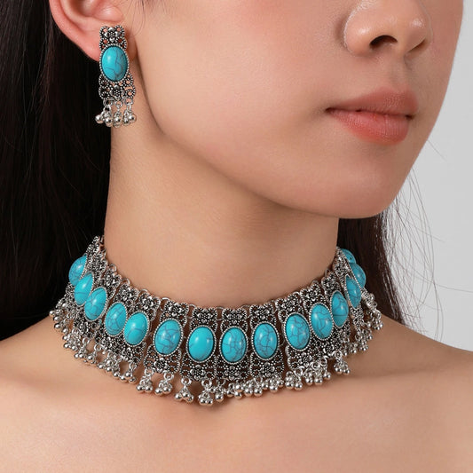 Ensemble de Bijoux Bohème Vintage pour Femme, Collier Ovale Turquoise, Boucles d'Oreilles, Plaqué Argent, Pompon Géométrique, Pierre Bleue
