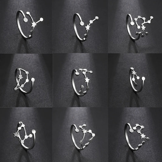 12 bagues de constellation pour femmes, anneaux ouverts et réglables du zodiaque pour adolescents, vergine, Cancer, balance, lion, poissons, bijoux, cadeau d'anniversaire