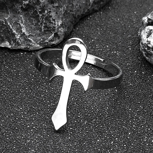 Bague en croix égyptien pour hommes et femmes, anneau en acier inoxydable, symbole de vie Anubis, ajustable, tendance égyptienne, bijoux de fête, cadeau
