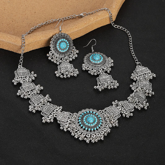 Boho Vintage Blue Beads Turquoise Jewelry Sets for Women, Silver Plated, Géométrique Necklace, Boucles d'oreilles, Cadeaux
