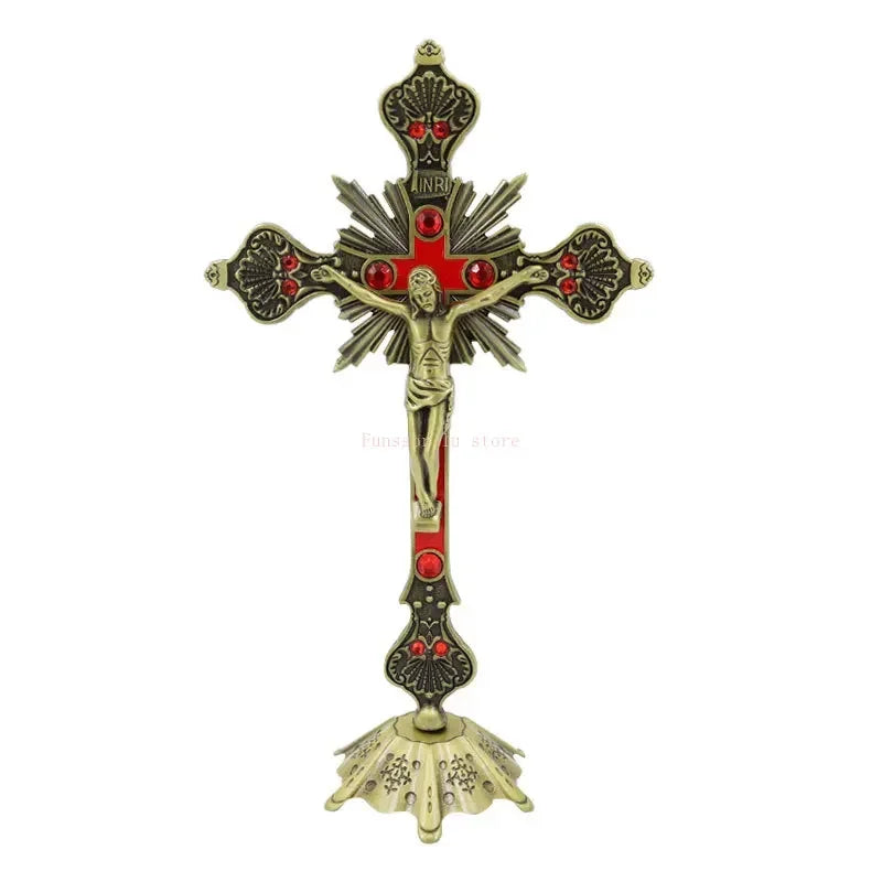 Figurines de reliques d'église, Crucifix de jésus-Christ sur le support, croix murale, autel religieux Antique, décoration de chapelle de maison, 4 couleurs