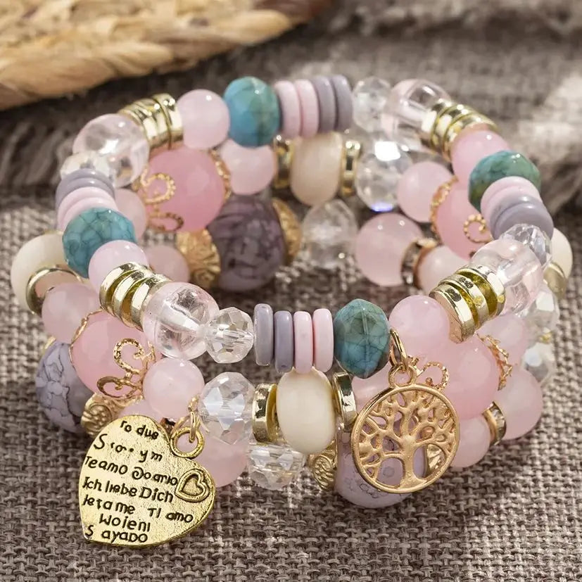 DIEZI bohème rose perles de cristal coeur bracelets porte-bonheur femmes filles ethnique arbre de vie breloque Bracelet Pulseira Feminina