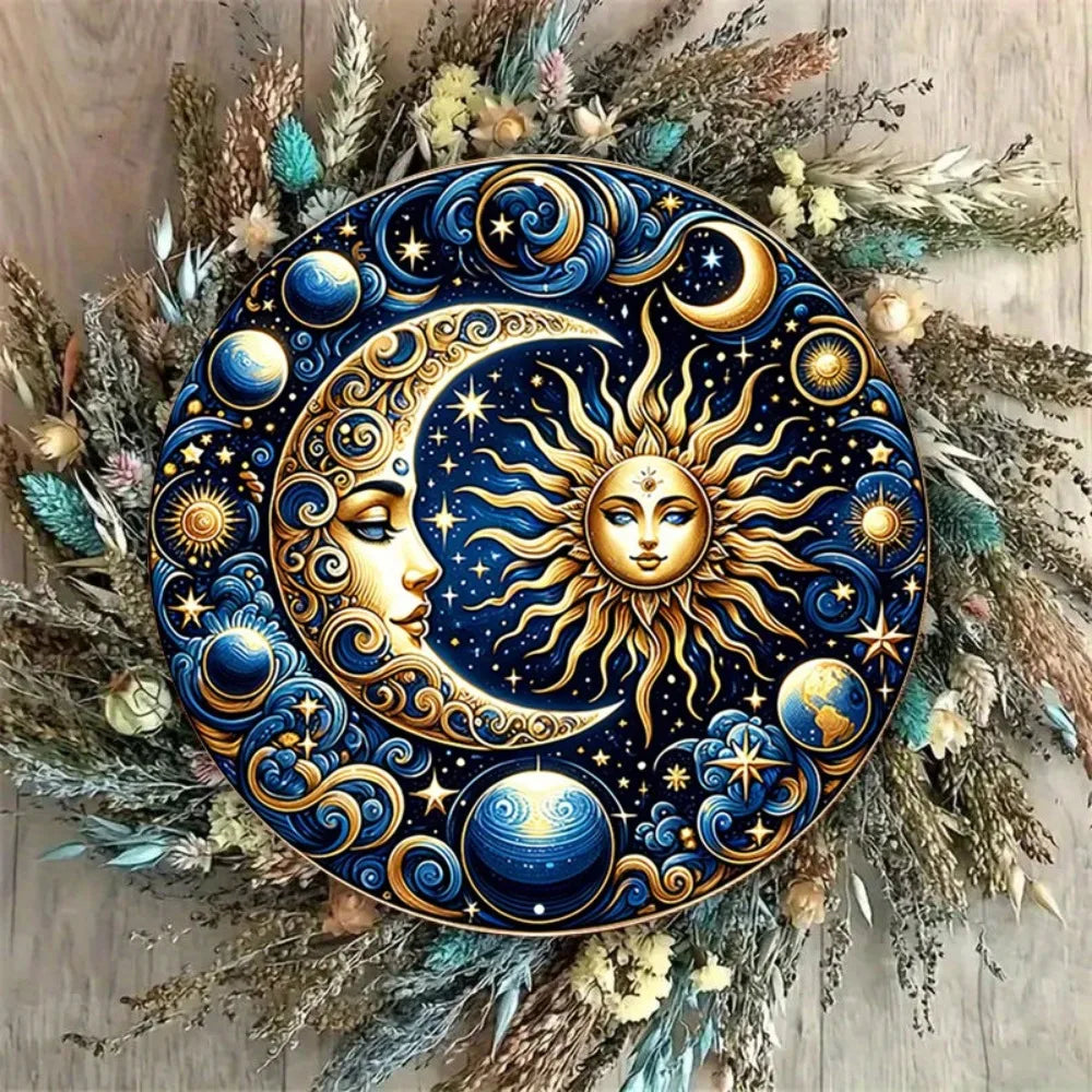 Art mural rond en fer vintage 2D plat «élégant soleil et lune céleste » idéal pour la chambre à coucher, la salle à manger, le yoga et la méditation