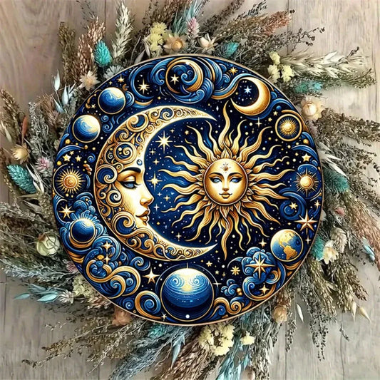 Art mural rond en fer vintage 2D plat «élégant soleil et lune céleste » idéal pour la chambre à coucher, la salle à manger, le yoga et la méditation