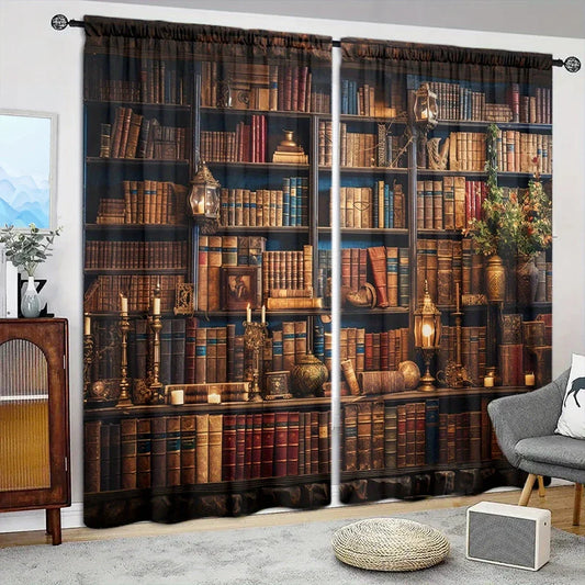 Rideau imprimé bibliothèque du moyen âge, 2 pièces, pour la décoration de la maison, traitement de fenêtre à poche pour chambre à coucher, bureau, cuisine, salon