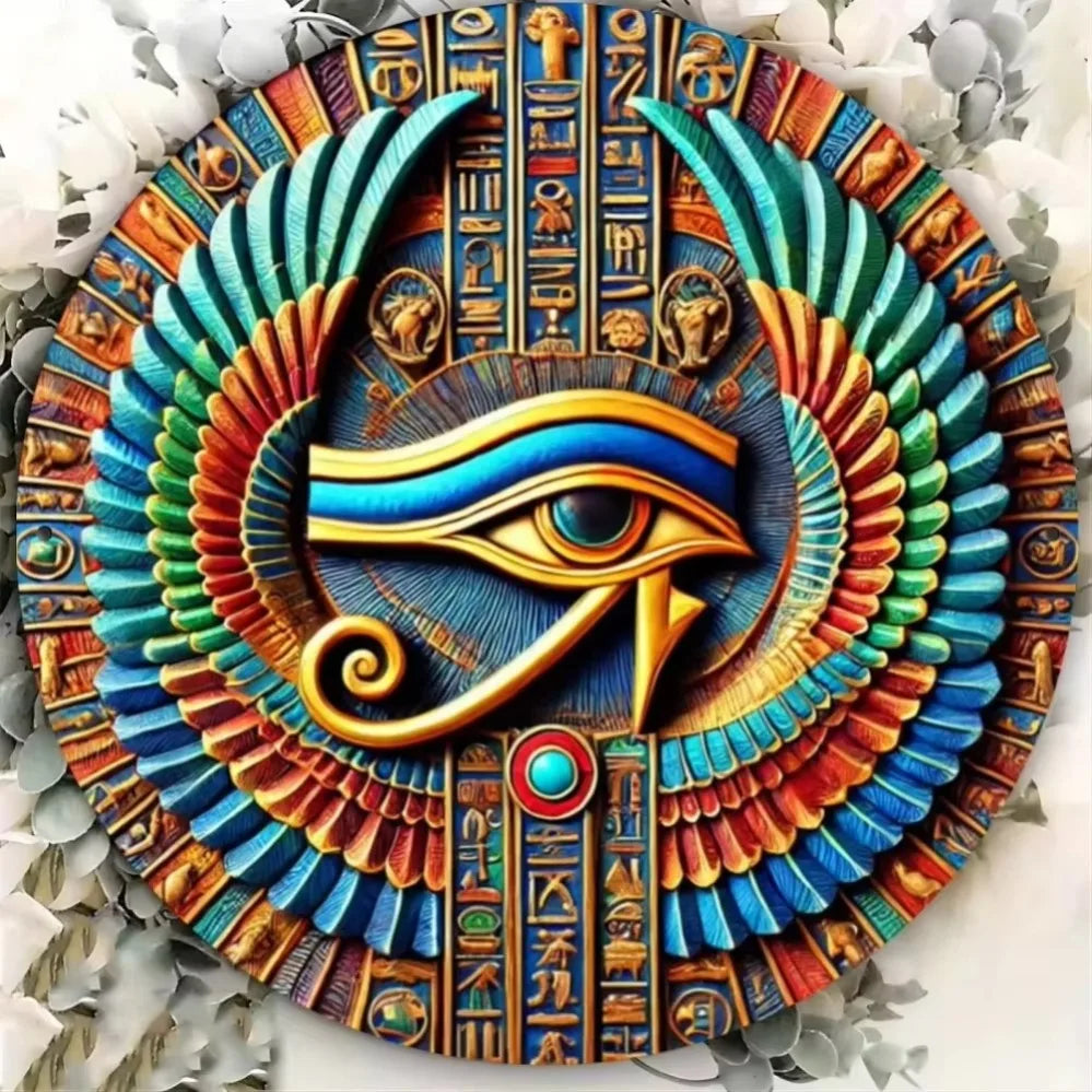 Décor en fer blanc EgyptianElegance Horus Eye : Exquisitement peint à la main avec gravure sur papier, doté de trous pré-percés pour accrocher.