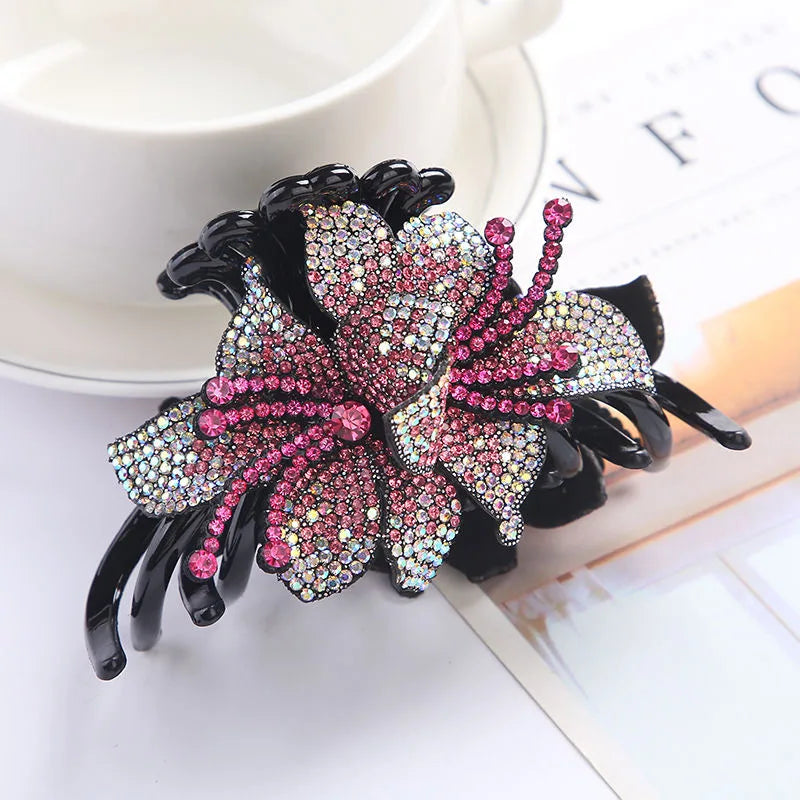 Pinces à cheveux à Double fleur, épingles à cheveux pour filles et femmes, Barrettes à strass, accessoires pour cheveux en forme de crabe, nouvelle collection