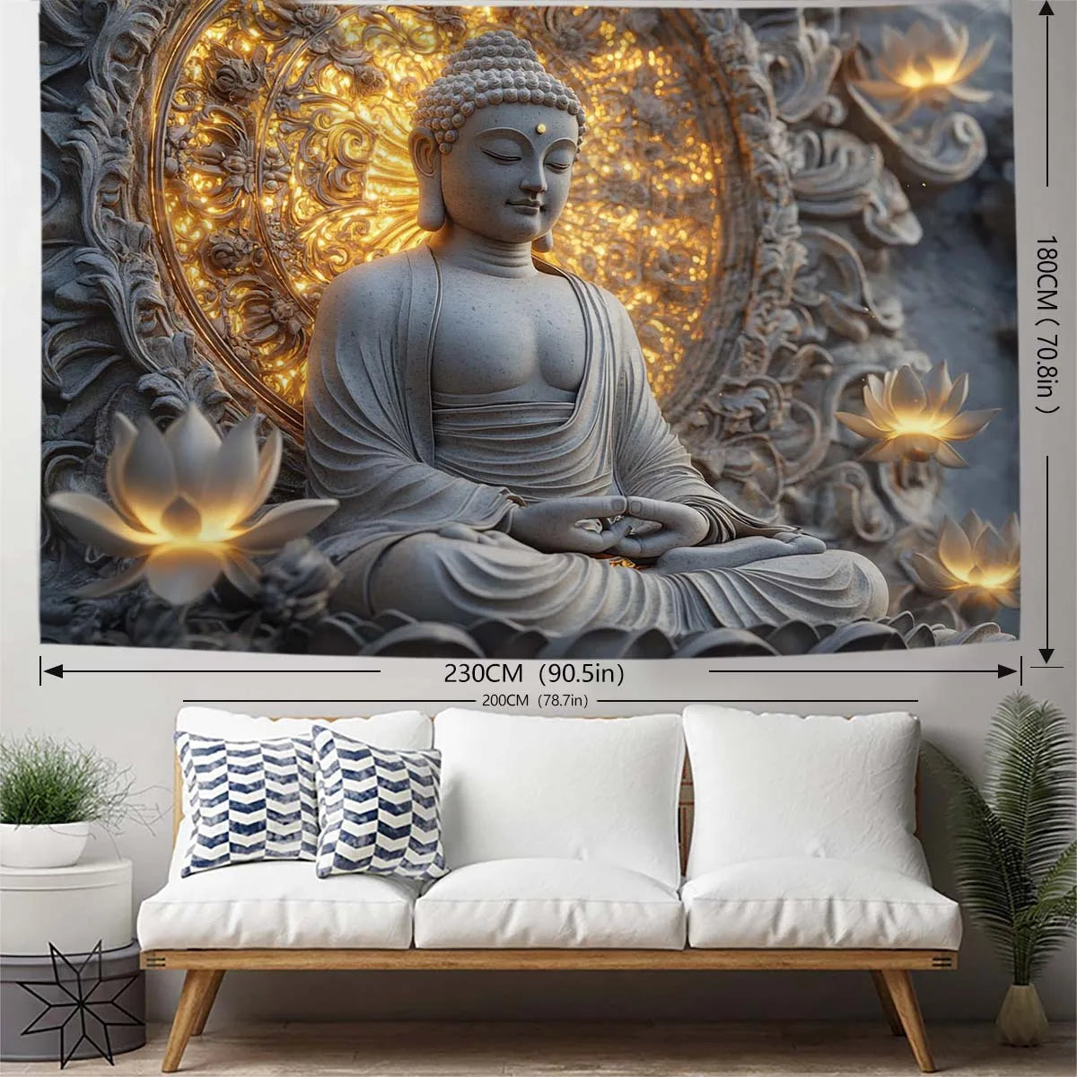 Statue de bouddha spirituel géante et tapisserie de Lotus suspendue au mur, tissu en Polyester Beige clair pêche pour salon, chambre à coucher, 1 pièce