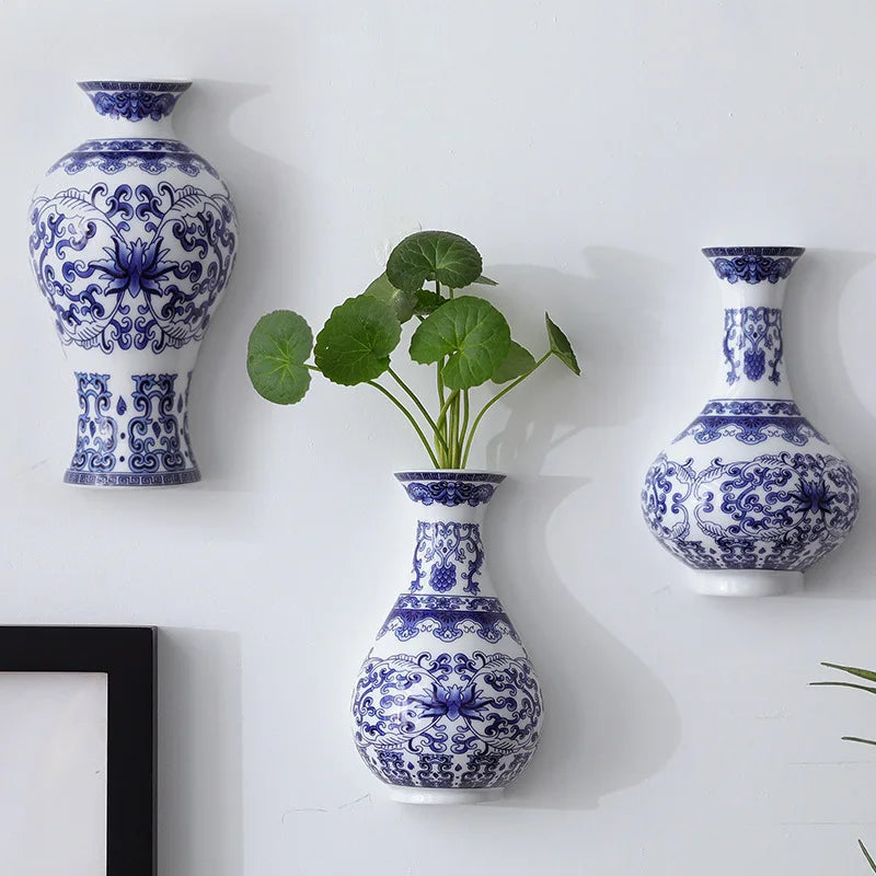 Vase en céramique, récipient de fleurs en porcelaine bleue et blanche antique, bambou porte-bonheur, décoration de salon et de maison, tenture murale