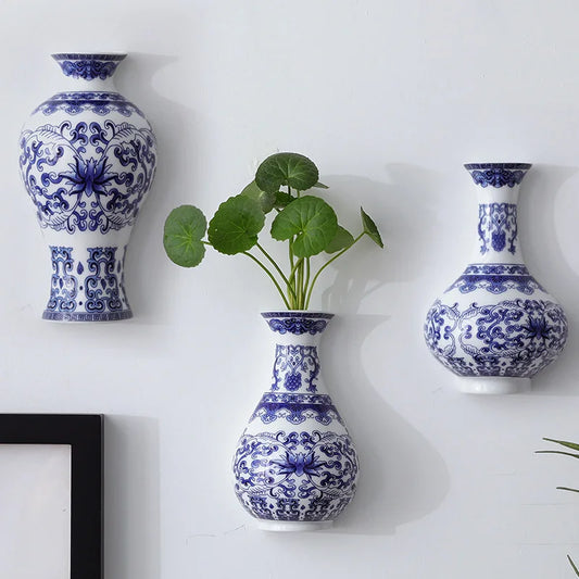 Vase en céramique, récipient de fleurs en porcelaine bleue et blanche antique, bambou porte-bonheur, décoration de salon et de maison, tenture murale