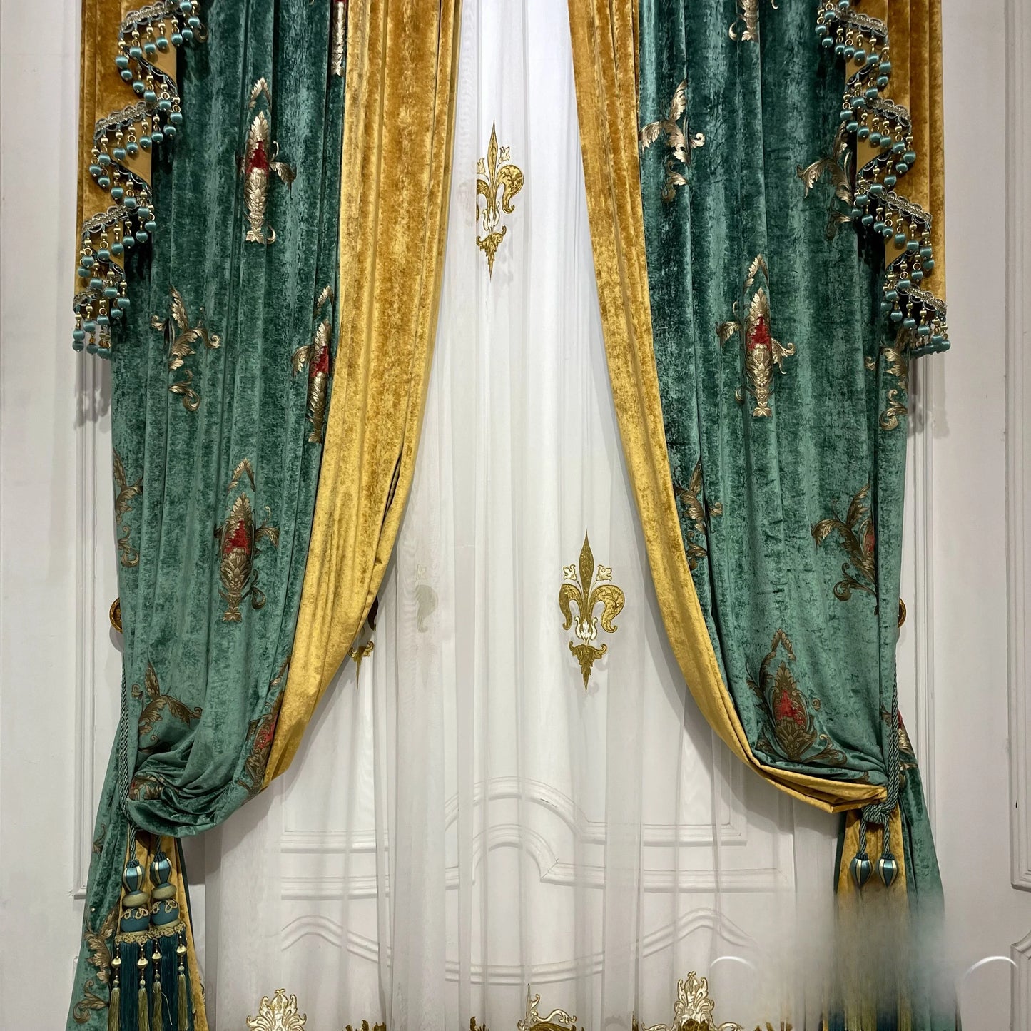 Rideaux Vintage en velours brodé vert foncé, Patchwork doré, pour salon, chambre à coucher, balcon, Villa, cantonnière personnalisée